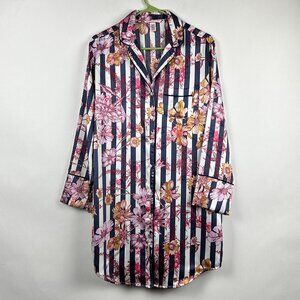 Victoria's Secret Striped Floral Button-Up Sleep Shirt Top | Size XS Satin-Look